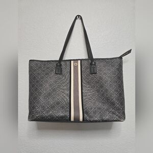Classic Tory Burch T Monogram Coated Canvas Top Zip Tote Bag Webbing Stripe Read